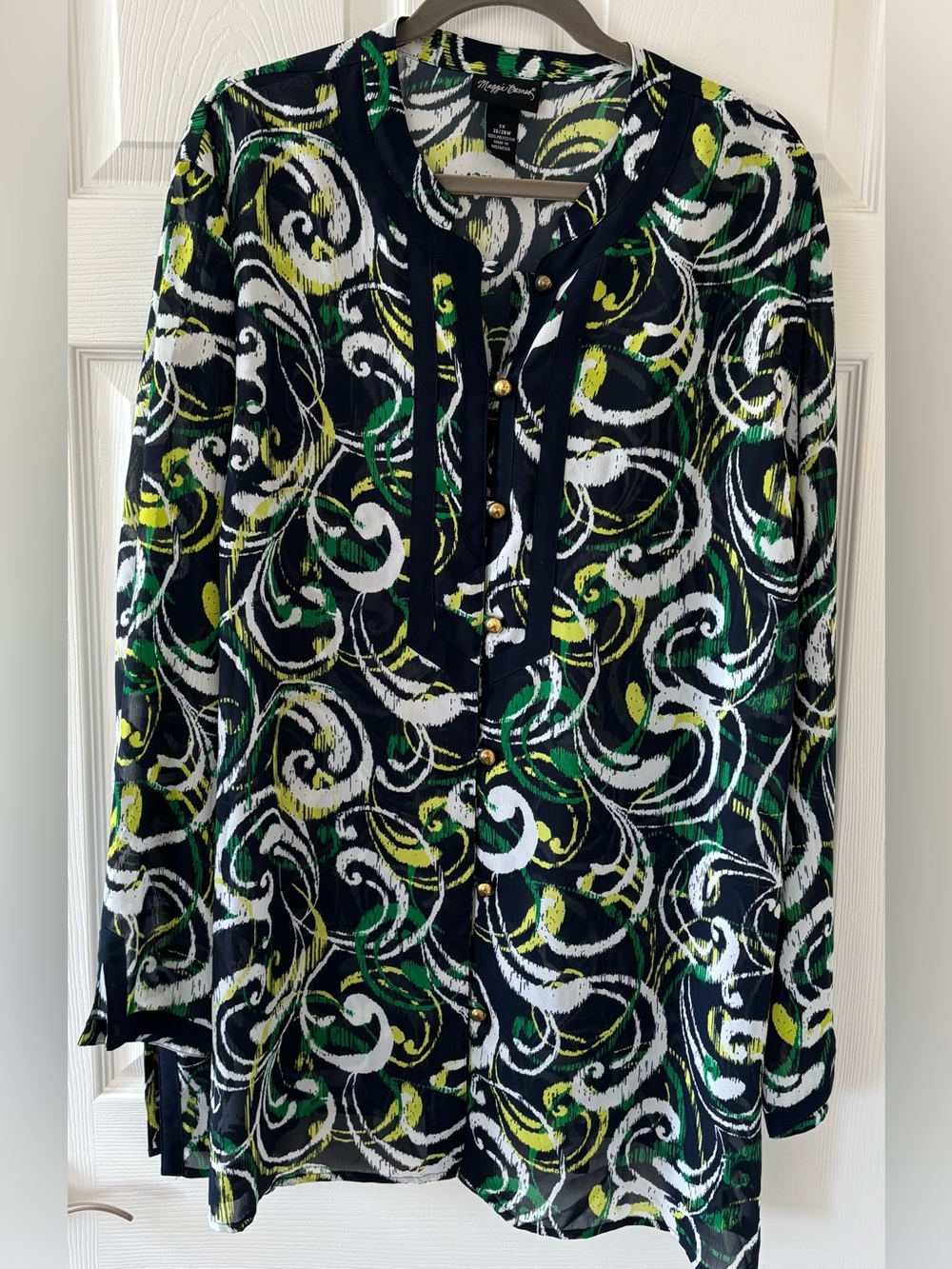 Maggie Barnes Navy Tunic with White, Yellow and Green Swirl Print